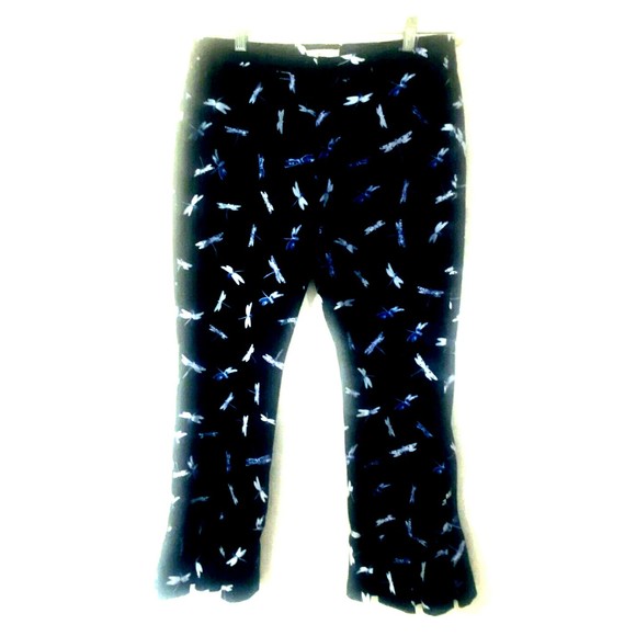 Tyler BOE Dragonfly Print Capri Pants Womens Sz 4 Blue White Pleated Flare Hem - Picture 1 of 12